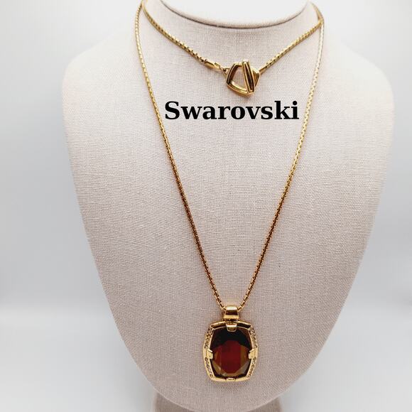 Swarovski Long Pendant Necklace 32" Swan Logo Crystal Gold Tone Toggle - Picture 1 of 9
